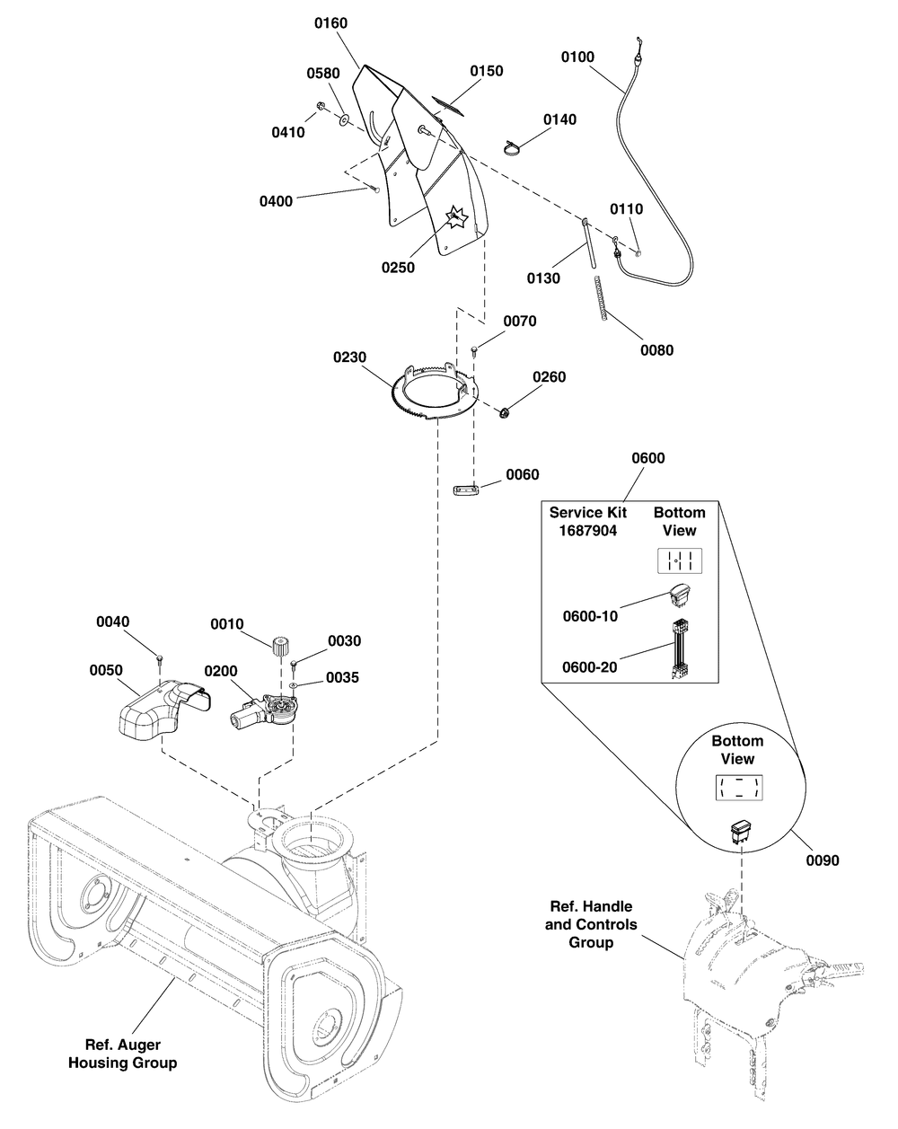 Chute And Rotation Group Diagram and Parts List for 1695808-LP25938-1028E 2010 Briggs and Stratton Snow Blower